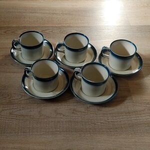 Set 5 Wedgewood Blue Pacific flat COFFEE CUP & SAUCERS Oven to Table Stoneware